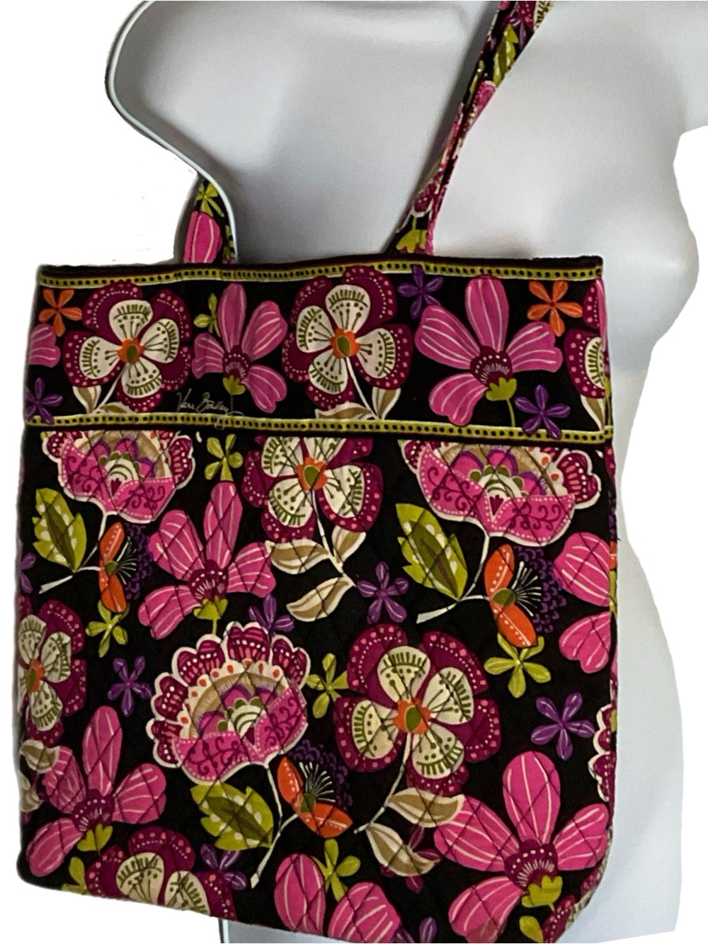 VERA Bradley Dark Floral Quilted Villager Tote Pirouette Pink Handbag Purse